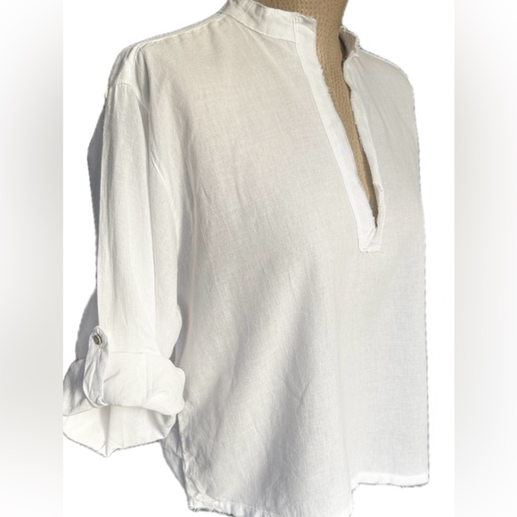 Organic Linen Cotton Blend Boho White Relaxed Fit Shirt | Adjustable Sleeves - Picture 5 of 11